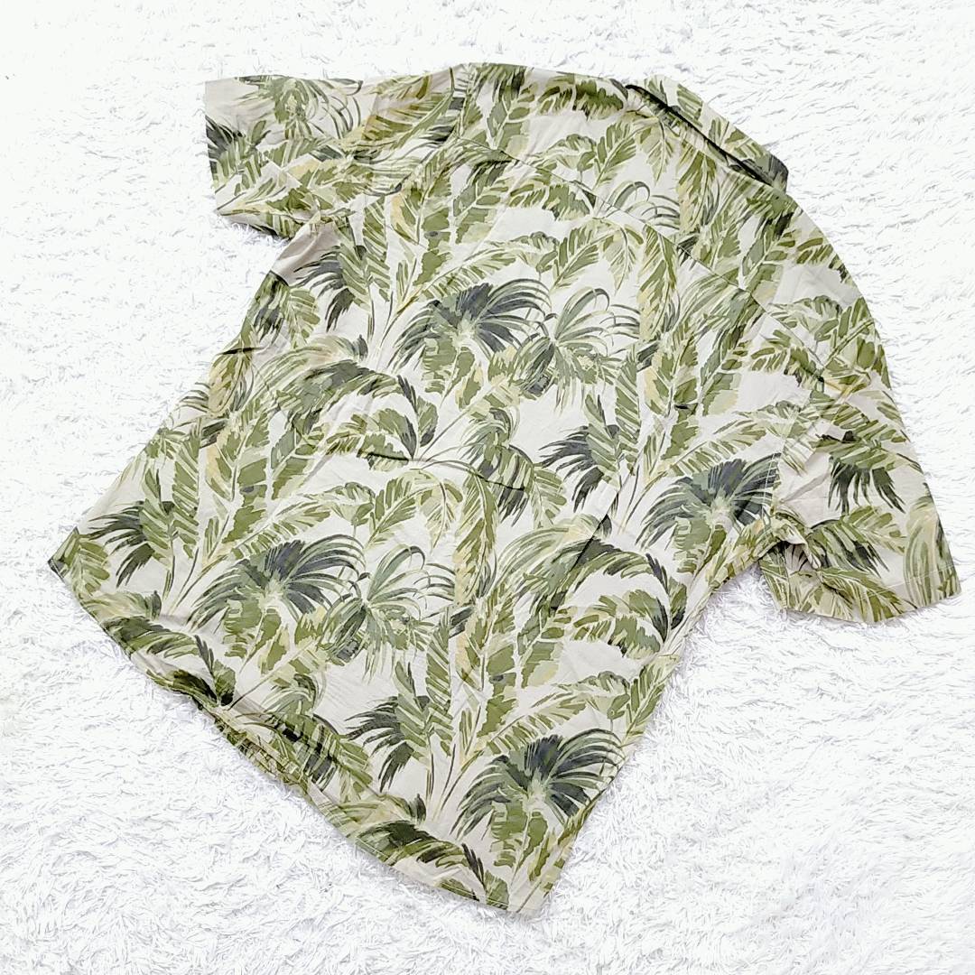 メンズUS M 175/100 H&M 半袖カジュアルシャツ 緑 グリーン 総柄 植物モチーフ レトロ ゆったり エイチアンドエム 【21335】