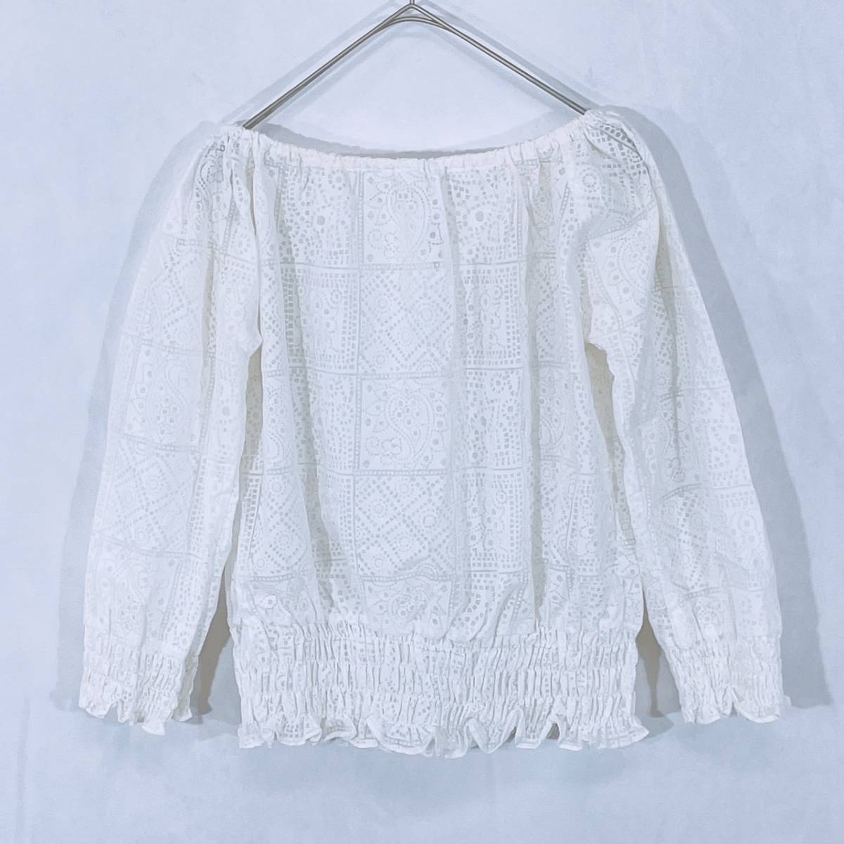 レディース M相当 blouse トップス シャツ ブラウス 長袖ブラウス シースルーブラウス ホワイト リボン ボートネック シンプル 【21403】