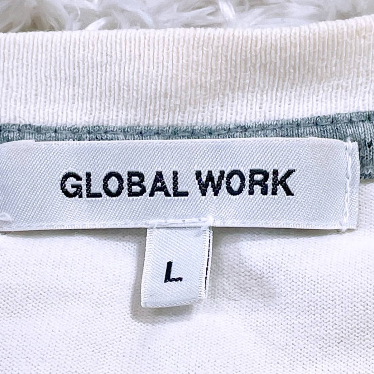 メンズL GLOBAL WORK トップス シャツ 半袖シャツ カジュアルシャツ オフホワイト 丸ネック シンプル 胸ポケ グローバルワーク 【21425】
