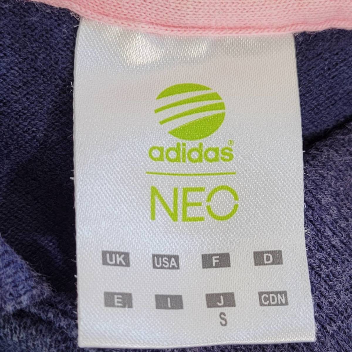 レディースS adidas 半袖ポロシャツ 紺 ネイビー カジュアル ブランドロゴ ピンクストライプ アディダス 【21574】
