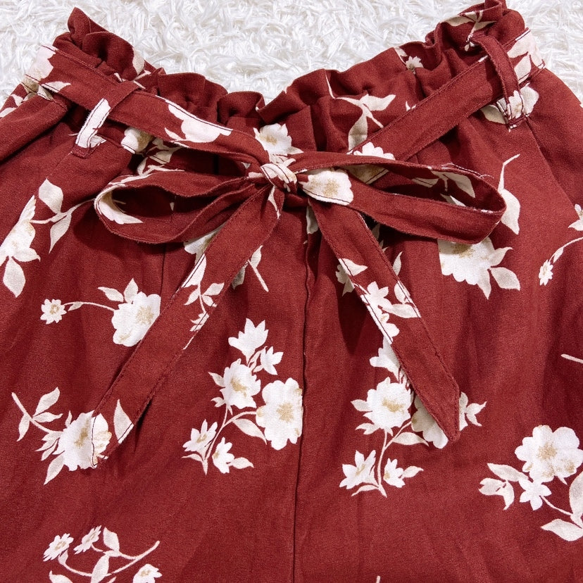 【21892】 COLZA コルザ キュロットスカート Mサイズ リボン 花柄 総柄 ゴムウエスト 臙脂色 ショート丈 赤 レッド