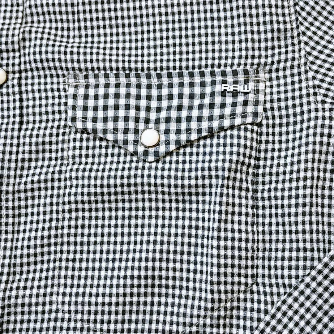 メンズS G-STAR RAW 長袖ドビーチェックカジュアルシャツ 黒×白 ブラック×ミルク スナップボタン 切り替え生地 ジースターロゥ 【23992】