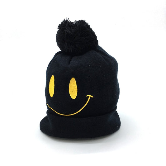 レディース ユニセックス INGONG ファッション 小物 帽子 ハット ニット帽 ブラック 黒 スマイルマーク ポンポン 可愛い 韓国製 【24093】