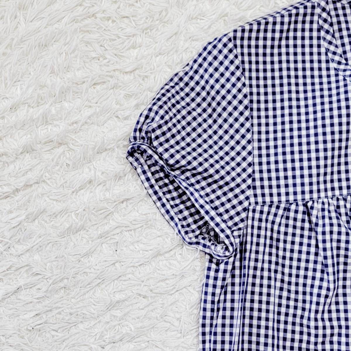 レディース36 Le Glazik 半袖シャツ 青 ブルー 白 ホワイト カジュアル チェック 衿なし ル グラジック 【24704】