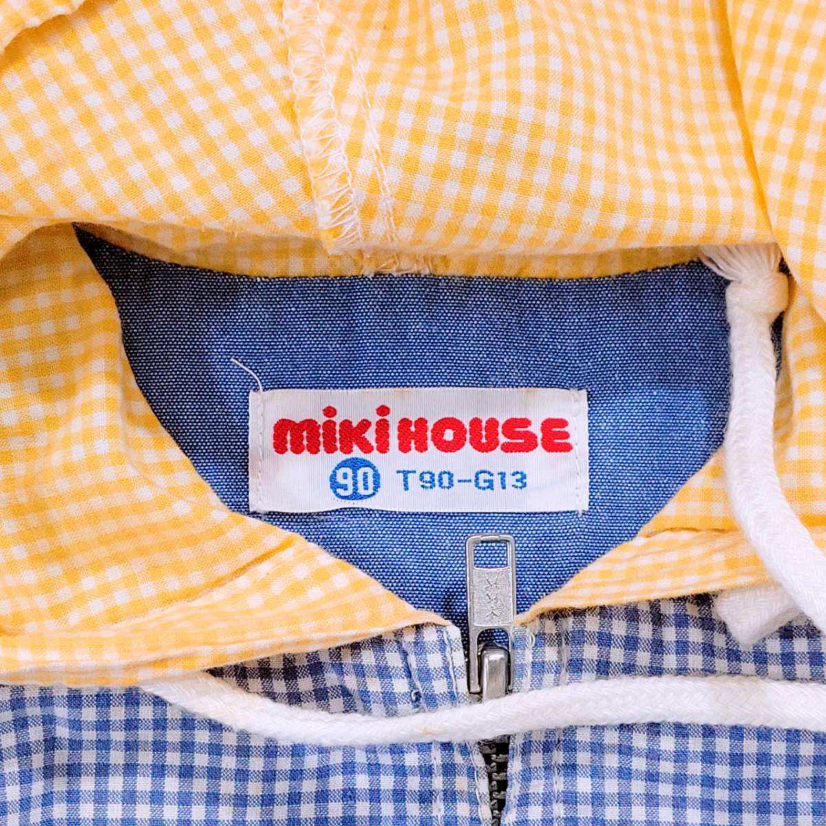 キッズ90cm miki HOUSE ノースリーブシャツ 青 ブルー カジュアル フード チェック ワンポイント ミキハウス 【25022】