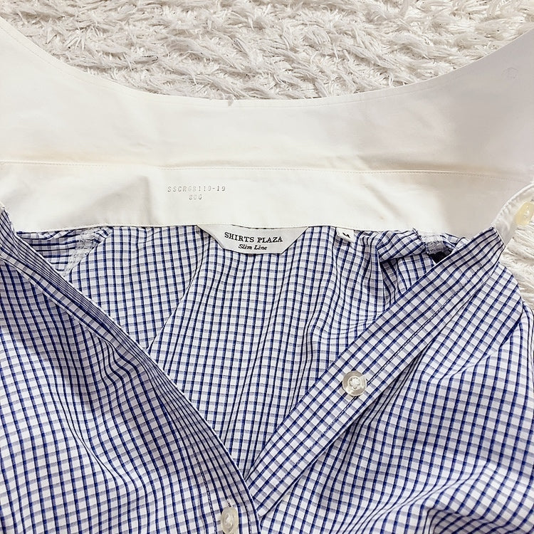レディースM SHIRTSPLAZA シャツ 青 白 水色 ギンガムチェック 襟付き 襟袖共布 前開き ボタン カジュアル 速乾性 シャツプラザ【25508】