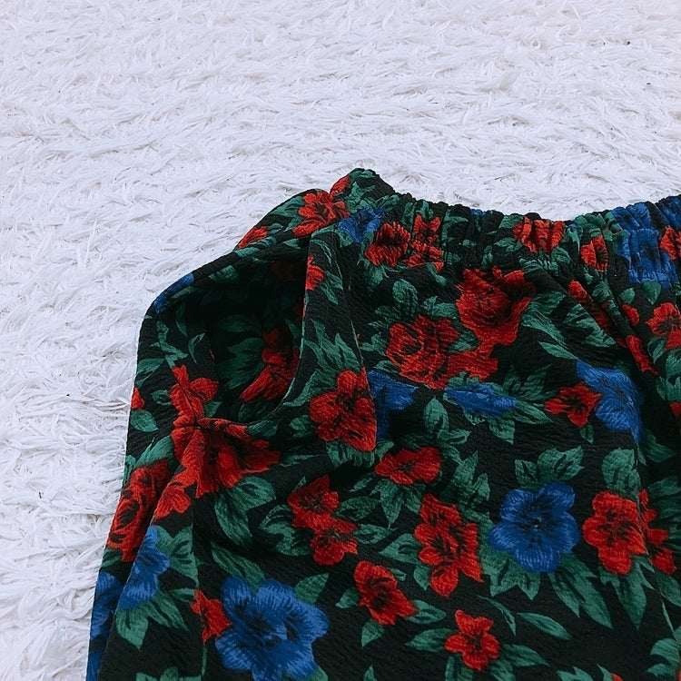 レディース ノーブランド パンツ 赤 青 紫 黒 緑 花柄 個性的 斬新 ウエストゴム はきやすい 伸縮性あり 目立つ ストレッチ素材【25635】