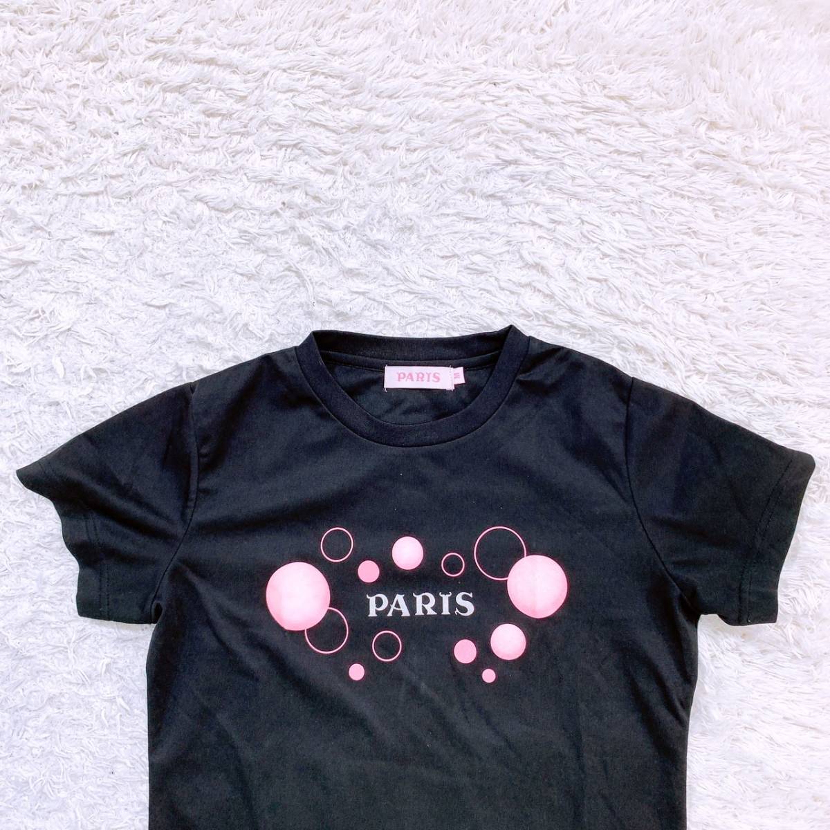 美品 レディースM PARIS 半袖Tシャツ 黒 ブラック 胸ロゴ入り カジュアル シンプル オールシーズン メッシュ素材 パリス 【25739】