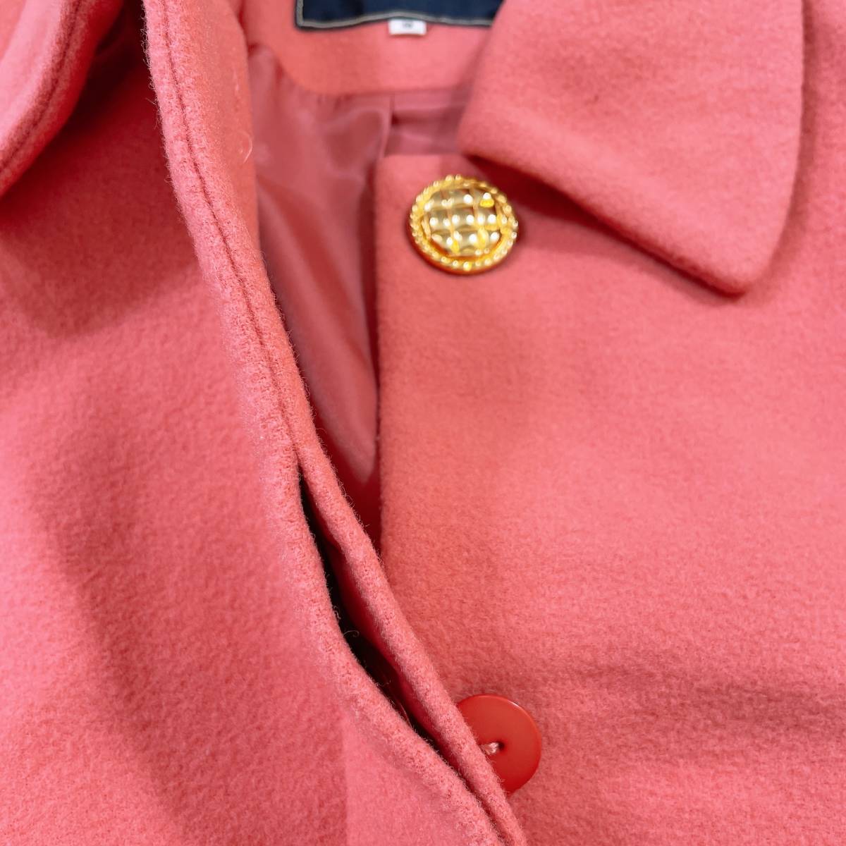レディース9 M mammina ロングコート ピンクレッド 赤 良品 かわいい あたたかい ゴージャス 裏地 ボタン マミーナ 【25802】