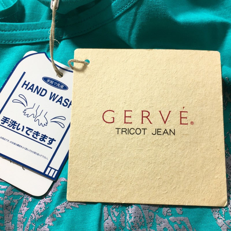 【28905】 新古品 GERVE ジェルべ 七分袖Tシャツ カットソー サイズ42 / 約XL(LL) グリーン カジュアル プリント Uネック レディース