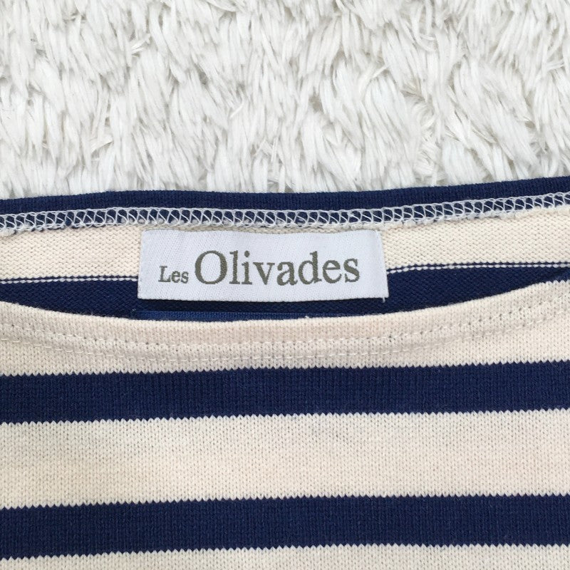 【29523】 Les Olivades レゾリヴァード 七分袖Tシャツ カットソー アイボリー サイズM相当 ボーダーライン 柄のポケット レディース