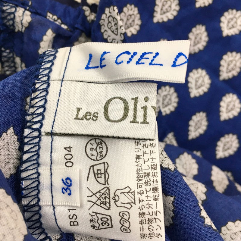 【29553】 Les Olivades レゾリヴァード 七分袖シャツ サイズ36 / 約S ブルー 丸首 柄 かわいい 個性的 オシャレ レディース