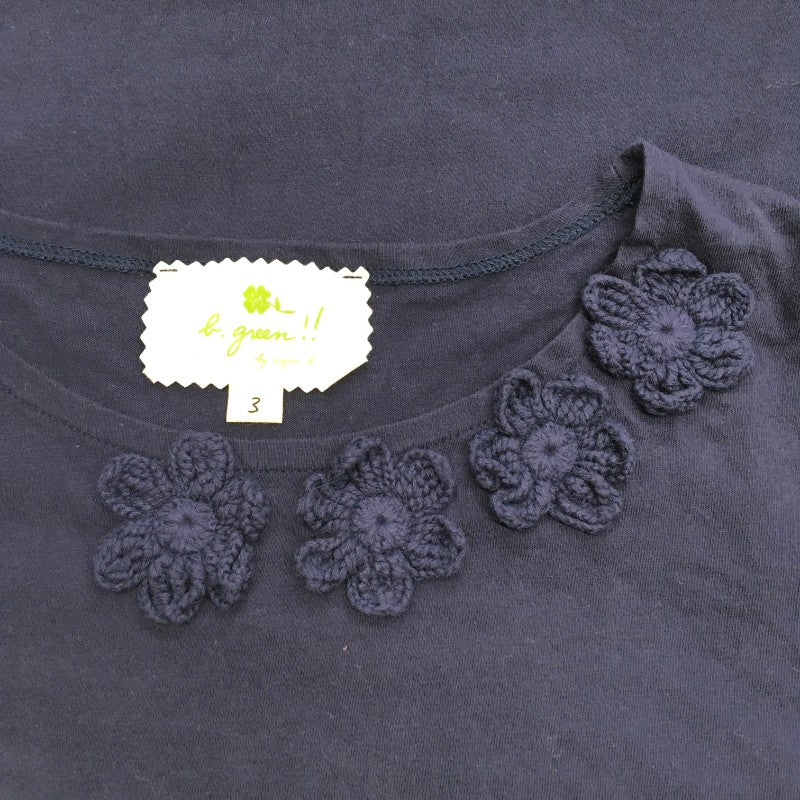【29776】 agnes b. アニエスベー 長袖Tシャツ ロンT カットソー サイズ3 / 約M ネイビー シンプル 可愛い 花モチーフ 編み飾り レディース