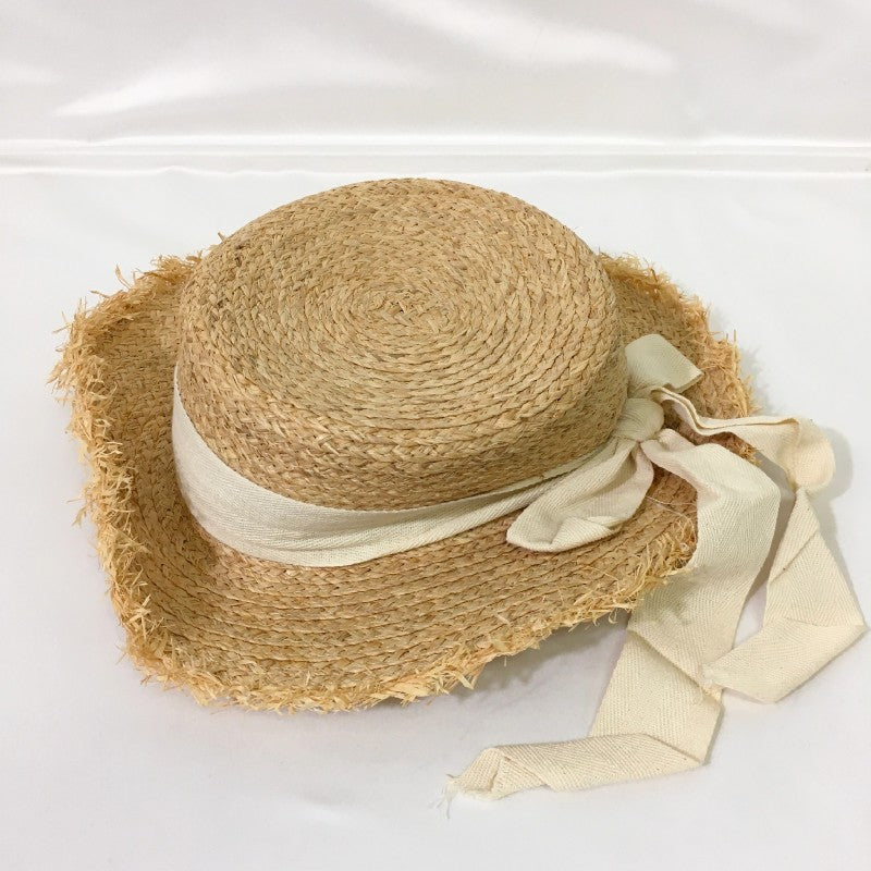 【29827】 新古品 ハット 帽子 アースカラー 麦わら帽子 ストローハット カンカン帽 リボン 可愛い UV対策 日焼け対策 日よけ レディース