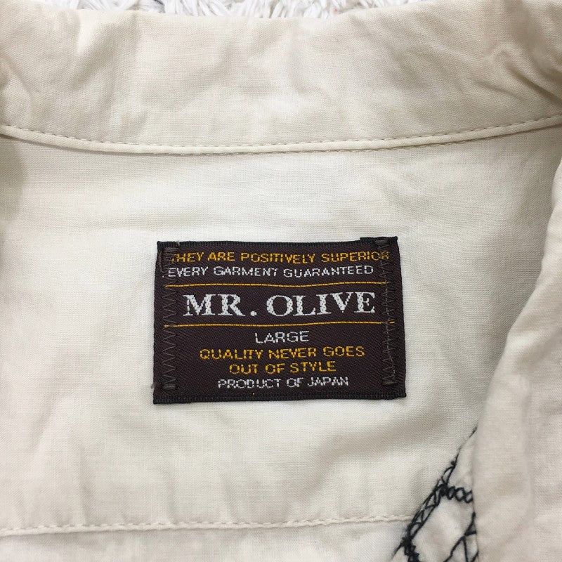 【30109】 MR.OLIVE ミスターオリーブ 半袖シャツ サイズLARGE / 約L ベージュ コットン100% ベスト状刺繍 オシャレ ロングテール メンズ