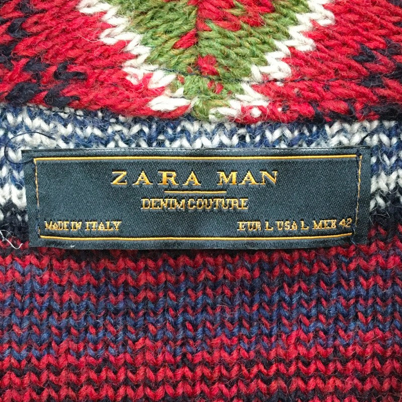 【30301】 ZARA ザラ アウター サイズL レッド ニット エスニック柄 おしゃれ 防寒着 暖かい ショールカラー 羽織り 個性的 メンズ