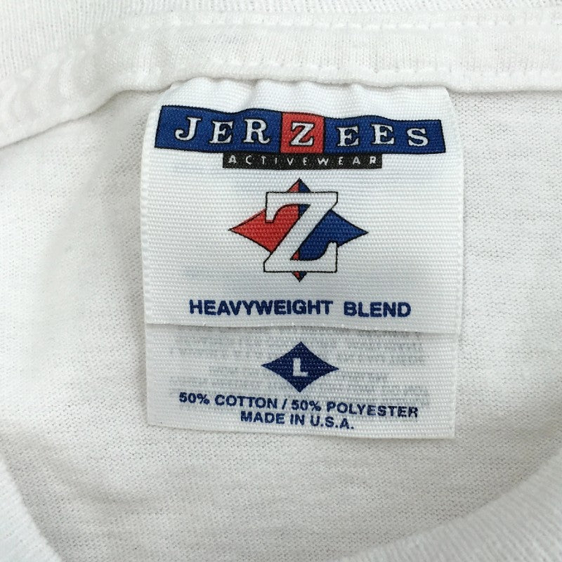 【30874】 JERZEES ジャージーズ 半袖Tシャツ カットソー サイズL ホワイト プリント ラフ リブネック 柔らかい 軽量 夏コーデ メンズ