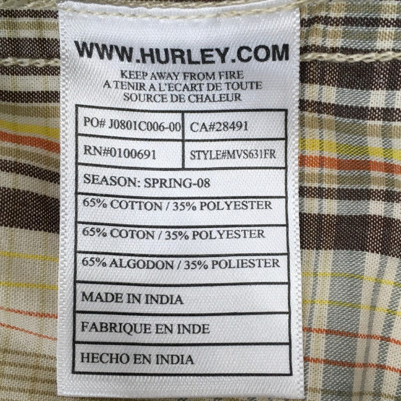 【30903】 Hurley ハーレー 半袖シャツ ベージュ サイズL相当 チェック柄 通気性 さらさら 定番アイテム カジュアル シンプル メンズ
