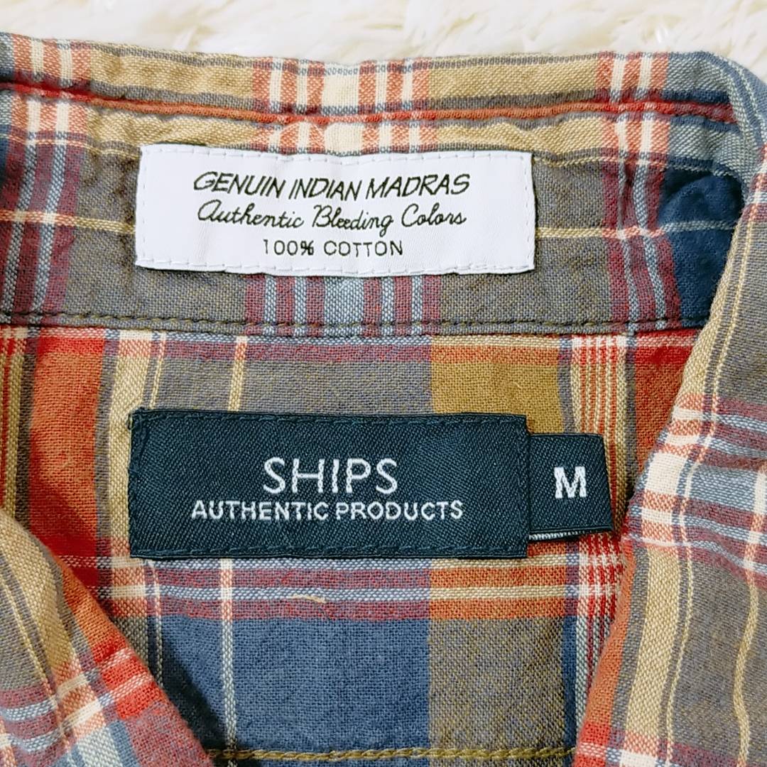 【27888】 SHIPS シップス 半袖シャツ サイズM カーキ 半袖 レギュラーカラー トラッド チェック柄 ベーシック セレクトショップ系 メンズ
