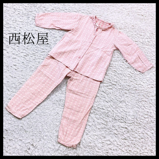 【27407】 西松屋 ニシマツヤ パジャマ サイズ120 ピンク 長袖 寝間着 上下セット ハート チェック リボン 女の子 ファンシー キッズ