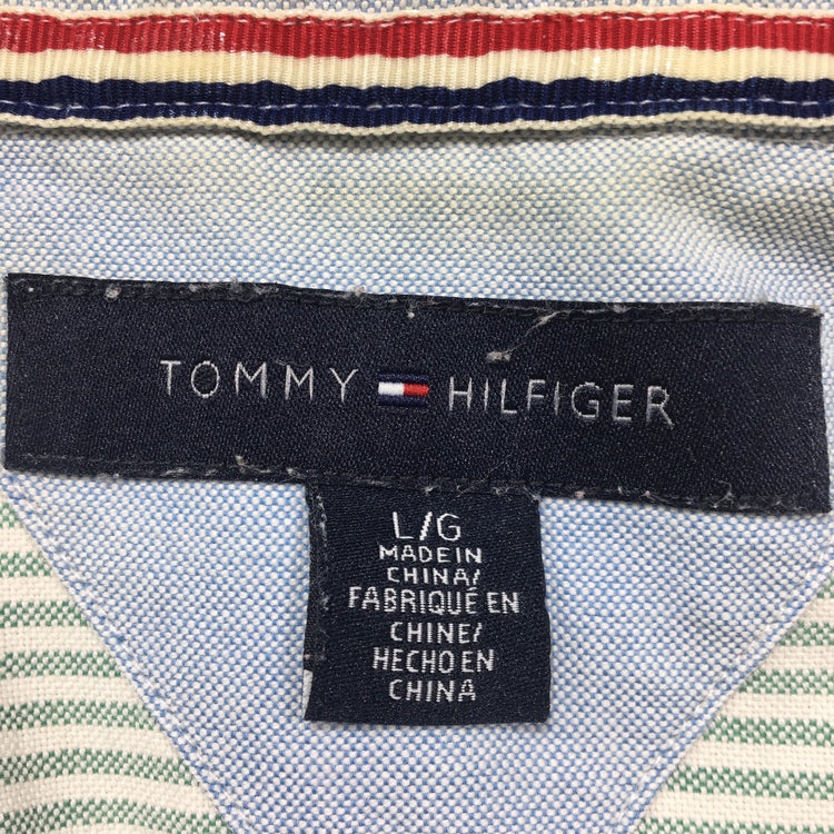 【27097】 TOMMY HILFIGER トミーヒルフィガー 長袖シャツ サイズL/G / 約L ライトブルー コットン100% ストライプ柄 ポケット メンズ