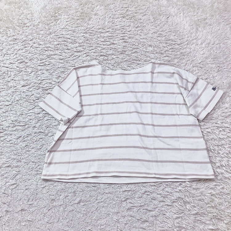 【26637】 Lugnoncure ルノンキュール 半袖Tシャツ カットソー サイズF ホワイト ボーダー 肌さわり 涼し気 浅めのVネック メンズ