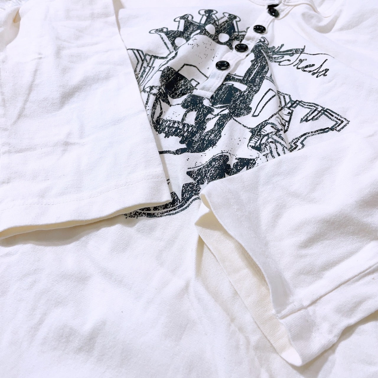 【25573】 七分袖シャツ サイズM ベージュ GOVリテイリング カジュアルシャツ プリントシャツ ハーフボタン 丸ネック ドクロ メンズ